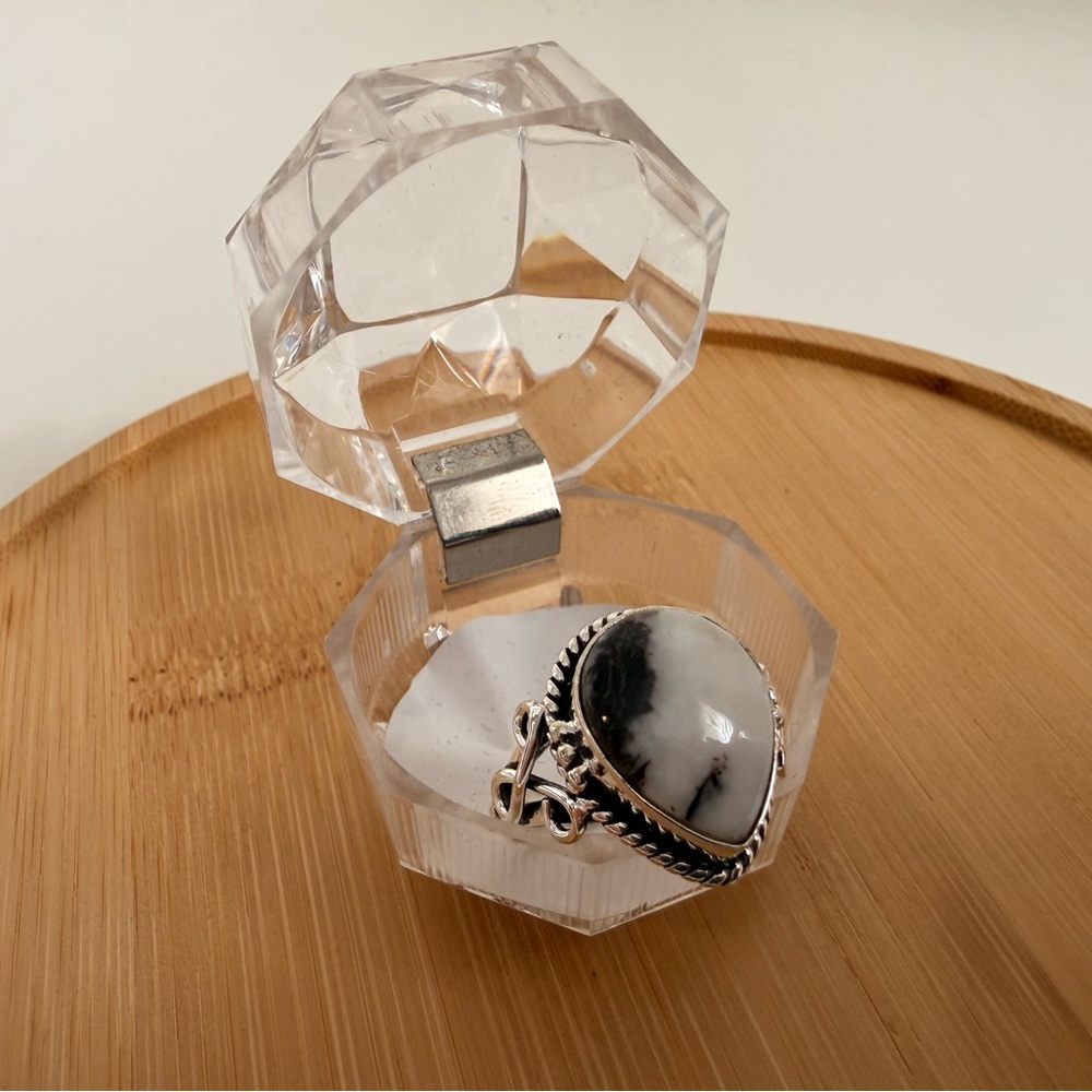 Dendritic Opal Sterling Silver Statement Ring - White and Black